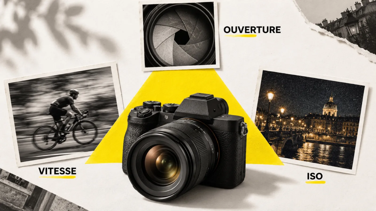 Collage : un hybride au centre d’un triangle jaune, entouré de trois tirages légendés vitesse, ouverture et ISO