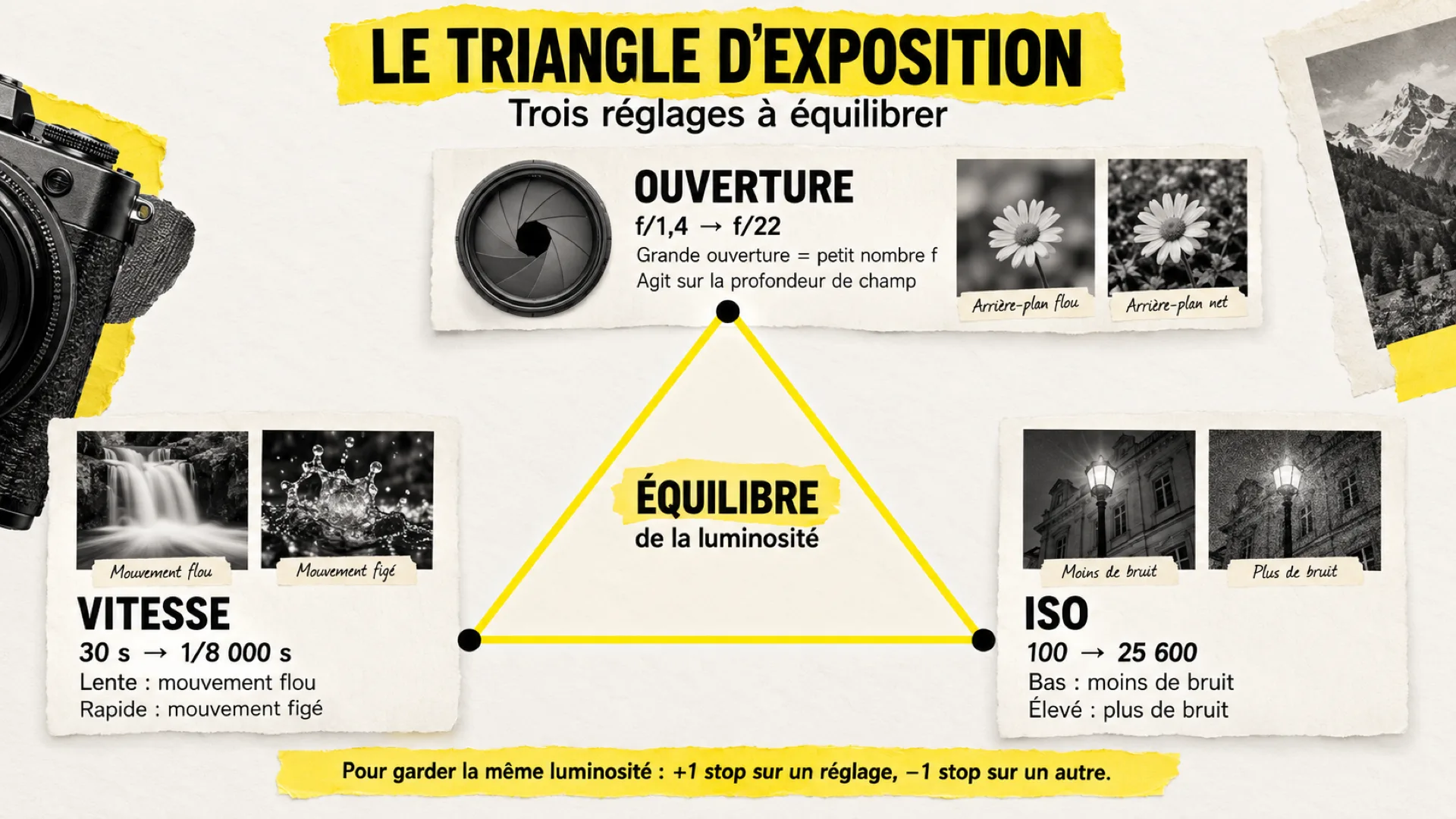 Schéma du triangle d'exposition reliant ouverture, vitesse d'obturation et ISO, avec l'effet secondaire de chaque paramètre