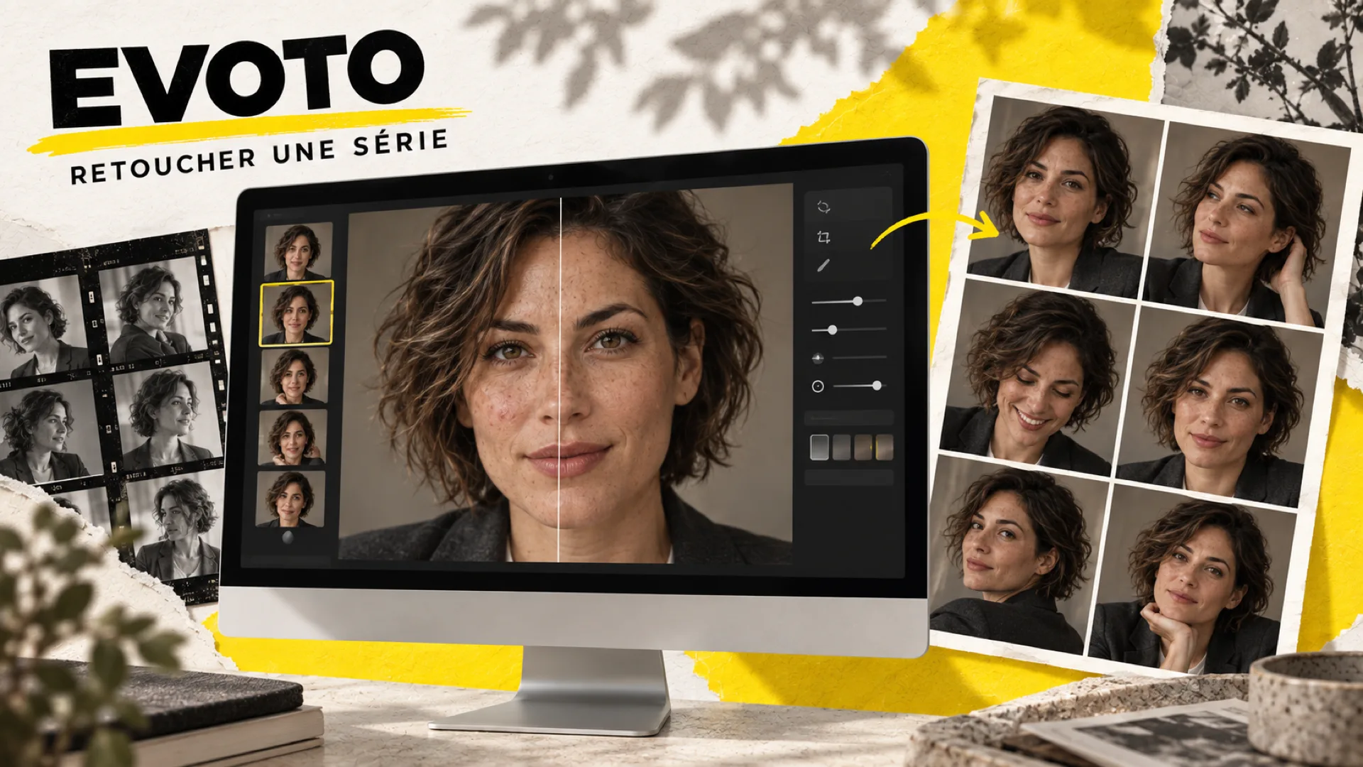 Tutoriel Evoto : un portrait retouché en avant/après sur l'écran, entre une planche contact et la série harmonisée