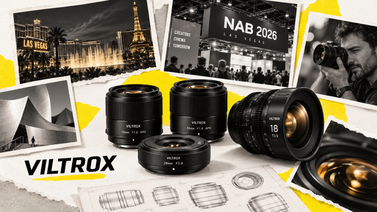 Illustration en collage photographique de l’article « Viltrox NAB 2026 : L-Mount, EVO APO, pancake plein format »