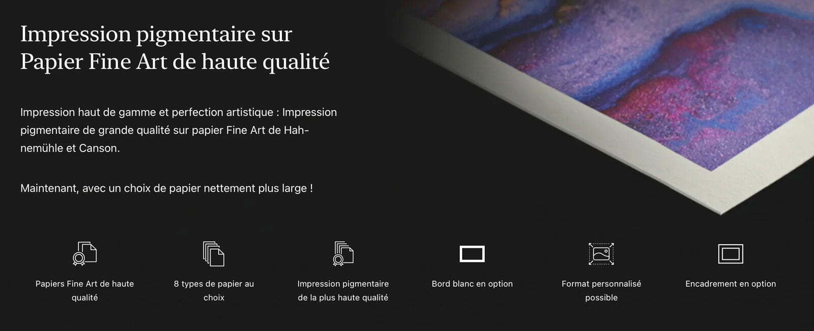 Échantillons de papiers fine art Hahnemühle, Canson et Epson chez WhiteWall