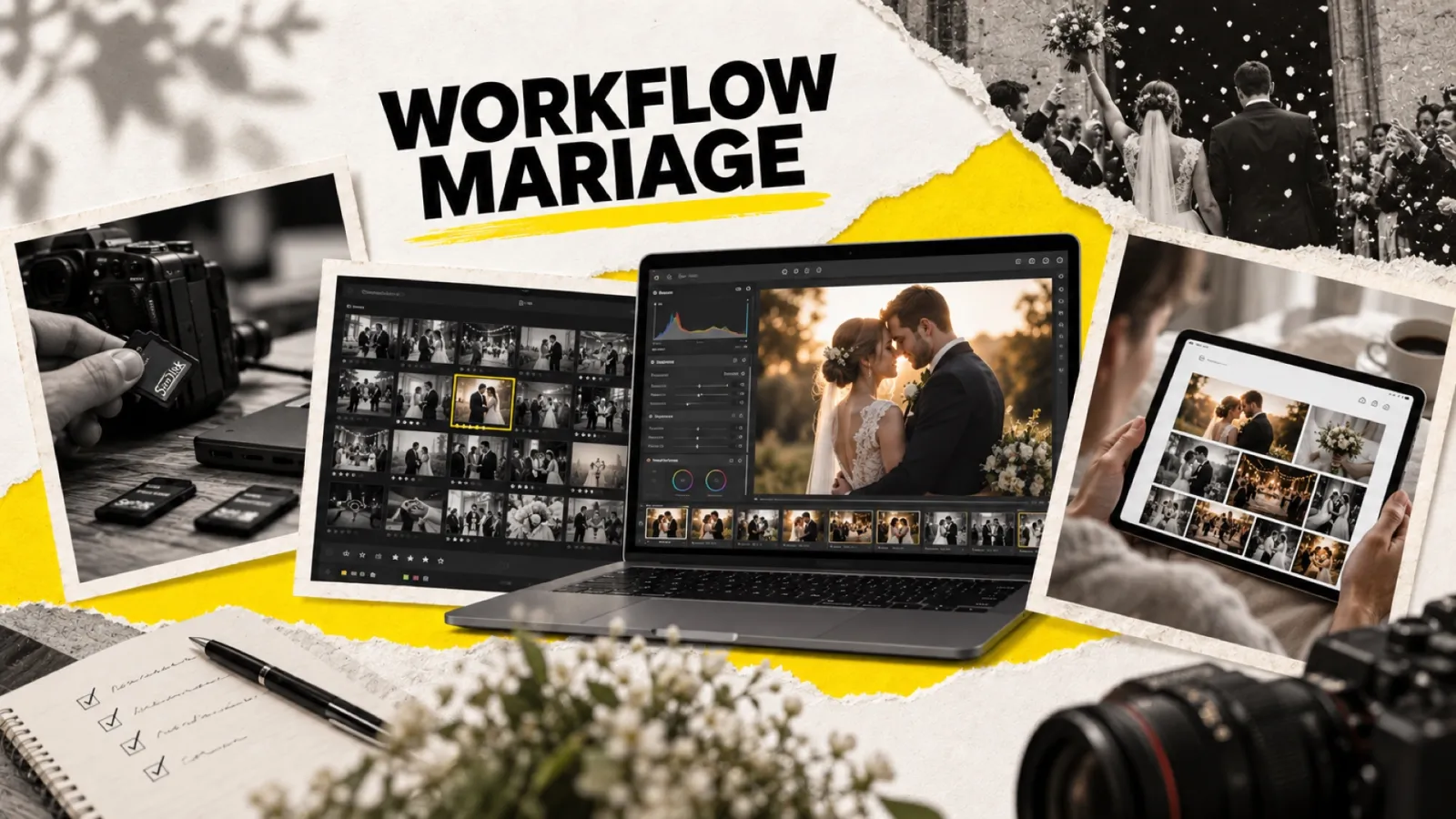Illustration en collage photographique de l’article « Workflow photographe mariage en 2026 : trier 5 000 photos et livrer en 4 heures »