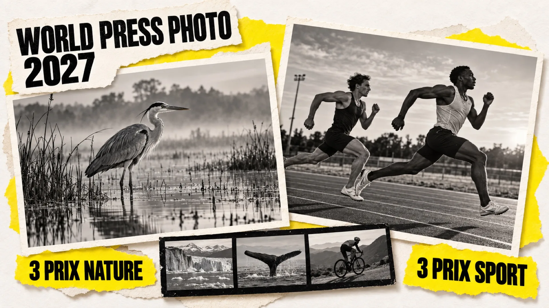 Collage World Press Photo 2027 : héron, sprinteurs, glacier, baleine et cycliste, avec les mentions 3 prix nature et 3 prix sport
